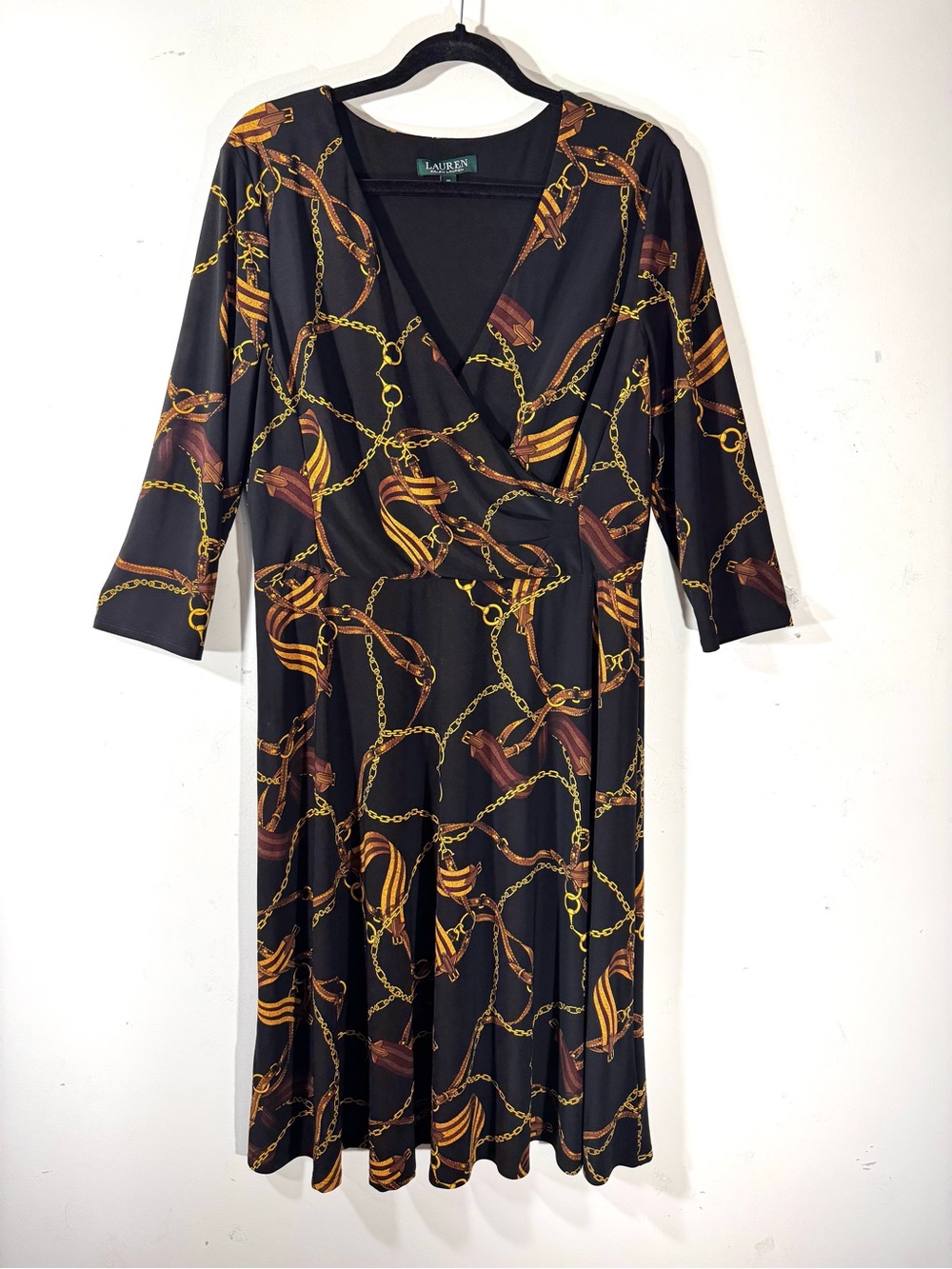 Ralph Lauren Faux Wrap Dress Equestrian Horse Bit Bridle Chain Size 14 Western